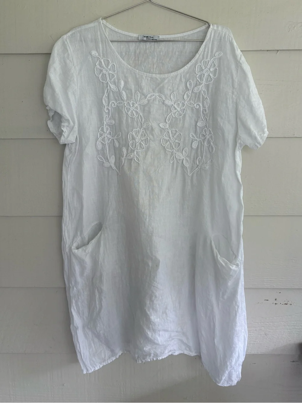 Piaza Italia White 100% Linen Embroidered Tunic Dress Made in Italy L/XL